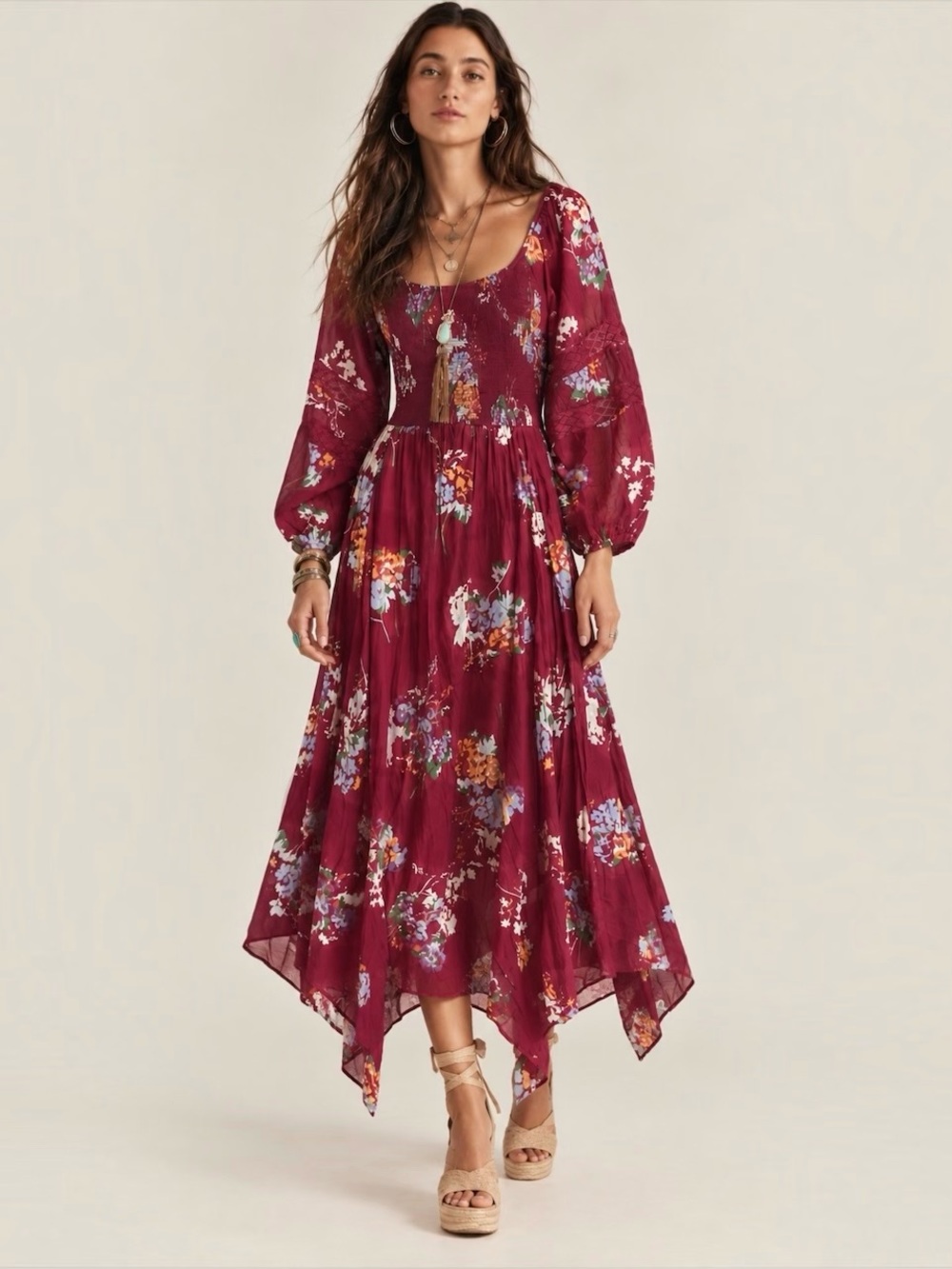 Free People Morning Glory Floral Smocked Maxi Dress Plum Red Size S $168